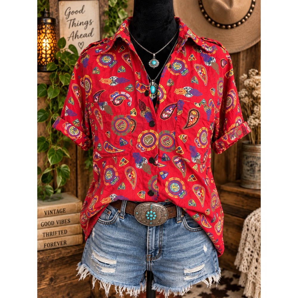 Leslie Fay Button Down Shirt 4 Red Paisley Crest Vintage Short Sleeve Top